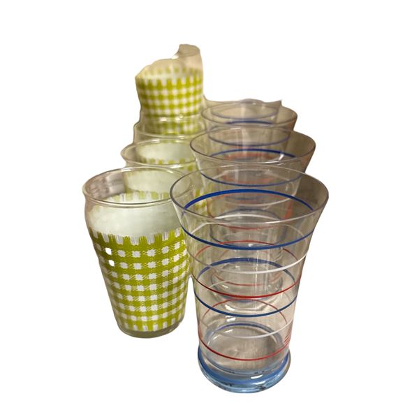 Assorted Mid-Century Patterned Drinking Glasses Including Green Gingham and Red & Blue Ringed Tumble