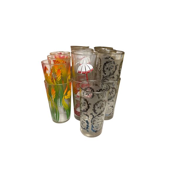 Group of Assorted Juice Glasses - Floral Design, Umbrella, Etc.