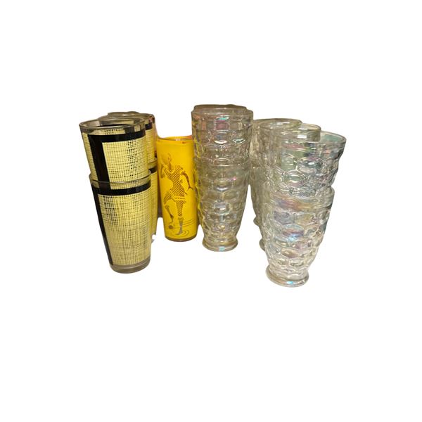 Assorted Vintage Drinking Glasses Including Iridescent Honeycomb Tumblers, Yellow Figural Highball,