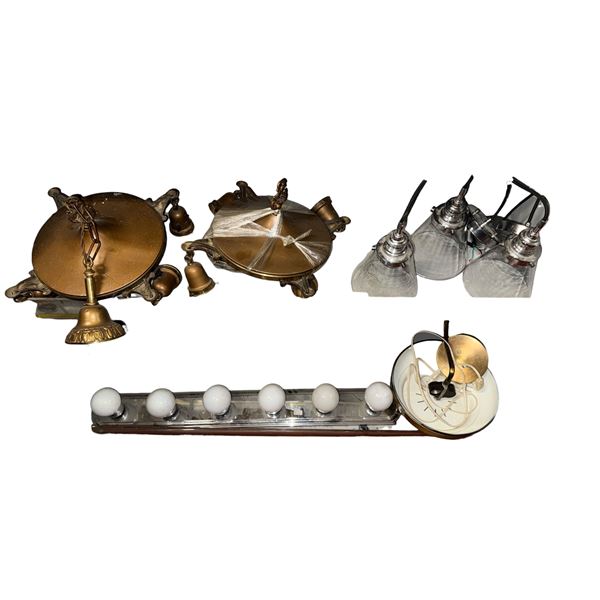 Assorted Vintage Ceiling and Vanity Light Fixtures Including Brass Flush Mounts, Three-Light Fixture