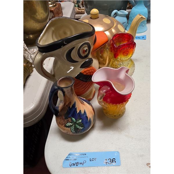 Misc. pitchers and teapots and amberina kanawha cased glass