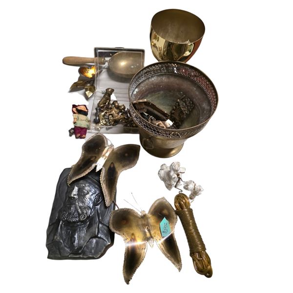 Assorted Vintage Brass & Metal Decor Lot - Footed Pierced Bowl, Goblet, Mini Figurines, Butterfly Wa