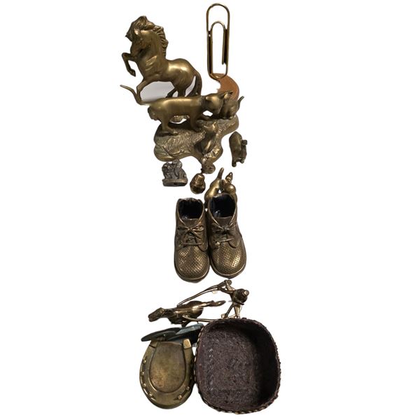 Assorted Vintage Brass Animal Figurines & Novelty Items incl Horse, Cats, Baby Shoes & More