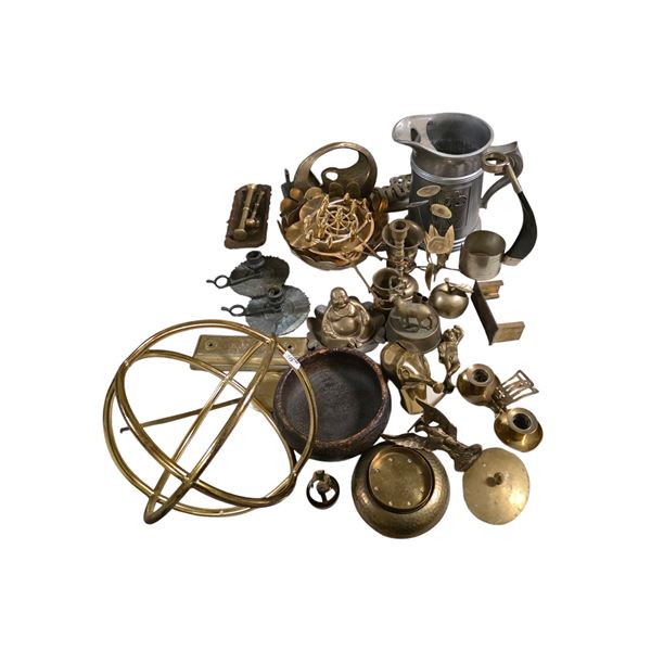 Large Mixed Lot Vintage Brass & Metal Decor incl Candlesticks, Pitcher, Figurines & Misc