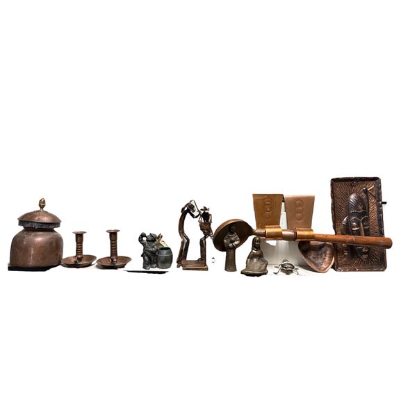 Vintage Copper & Brass Decor Including Lidded Urn, Candlesticks, Figural Sculptures & Wall Mask