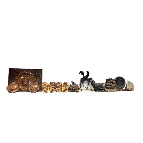 Mixed Metal Decor Featuring Sun Face Wall Plaque, Horse Figurine, Ship Sculpture, Etc.