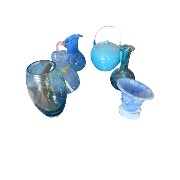 Assorted Blue Art Glass & Teapot Decor
