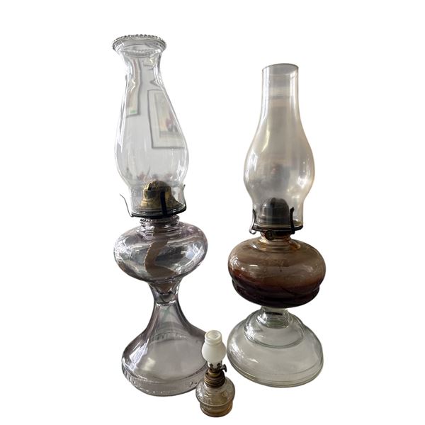 Pair of Vintage Glass Oil Lamps + Mini Lamp