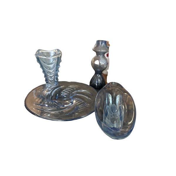 Group of Blue Glass Pieces - Tray, Vase, Etc.