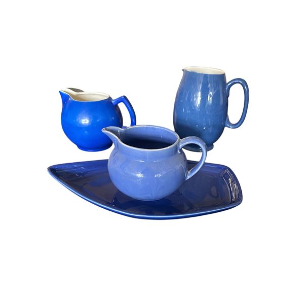 Blue Pottery Creamer, Mug & Tray Set