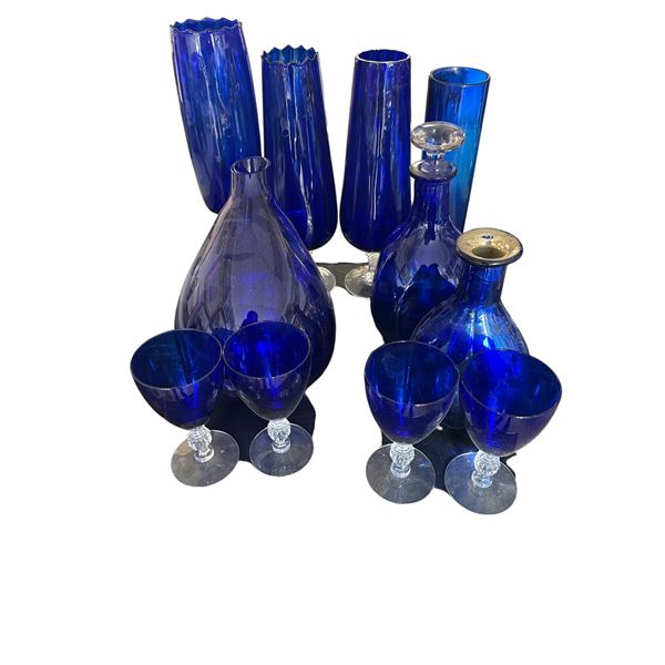 Large Cobalt Blue Glass Vase & Drinkware Group