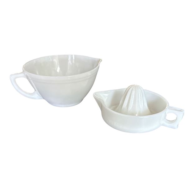 White Milk Glass Mixing Bowl & Citrus Juicer