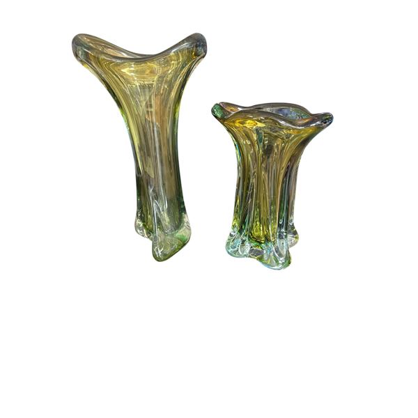 Pair of Green Art Glass Flared Vases
