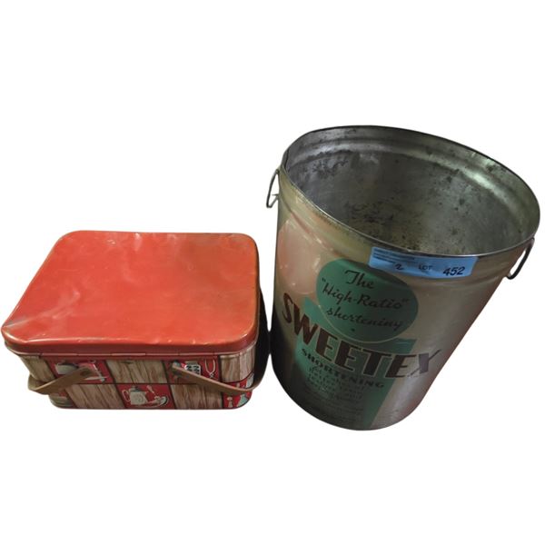 Vintage Sweetex Shortening Advertising Tin Pail & Mid-Century Red Metal Lunch Box
