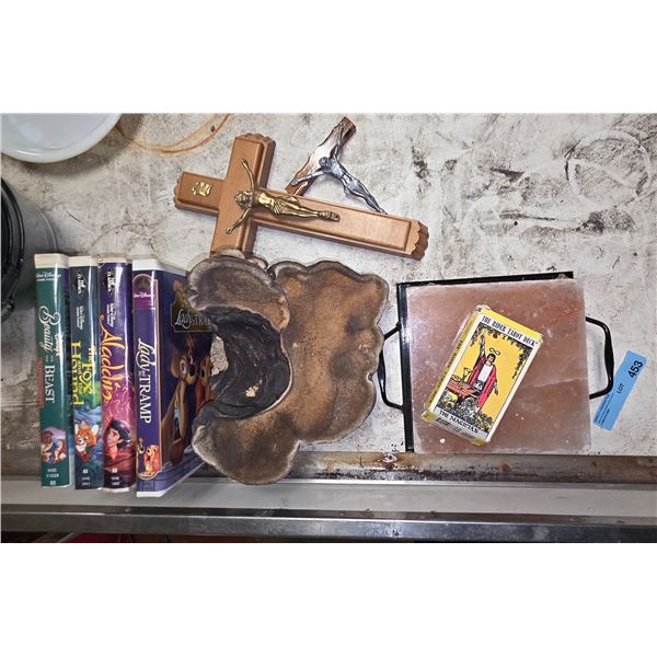 Vintage VHS, mushroom, himalayan salt block, tarot cards, two crosses