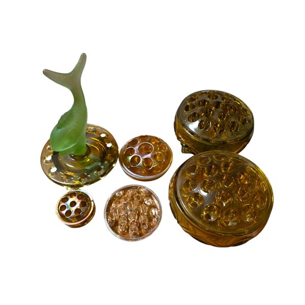 Vintage Amber Glass Flower Frog Collection w/ Vaseline Glass Fish Figurine