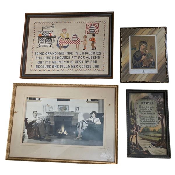Assorted Framed Vintage Wall Art - Cross Stitch Sampler, Madonna & Child Religious Icon, Mid-Century