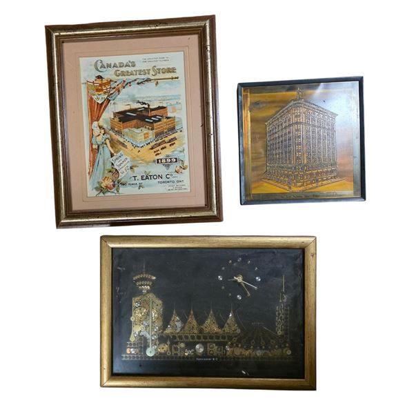 Lot of 3 Framed Vintage Decorative Prints Including Eaton’s Advertising, Architectural Plaq
