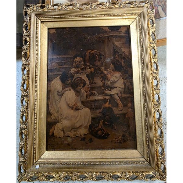 Antique Style Framed Genre Print of Children & Dog Scene