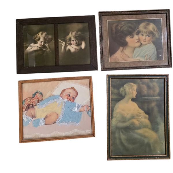 Lot of 4 Vintage Framed Prints - Cherubs, Mother & Child, Baby & Portrait