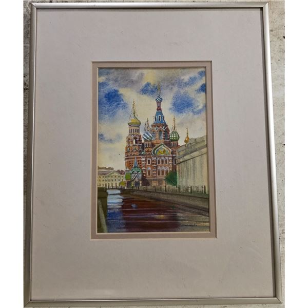 Framed Watercolor of St. Petersburg Cathedral Cityscape