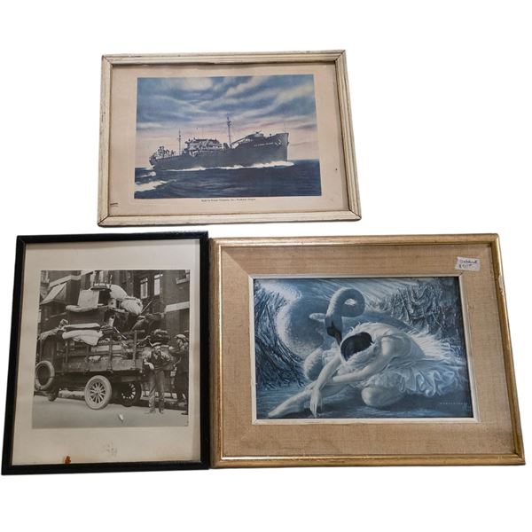 Group of Three Framed Prints - Ship, Historical Photo & Ballerina Scene