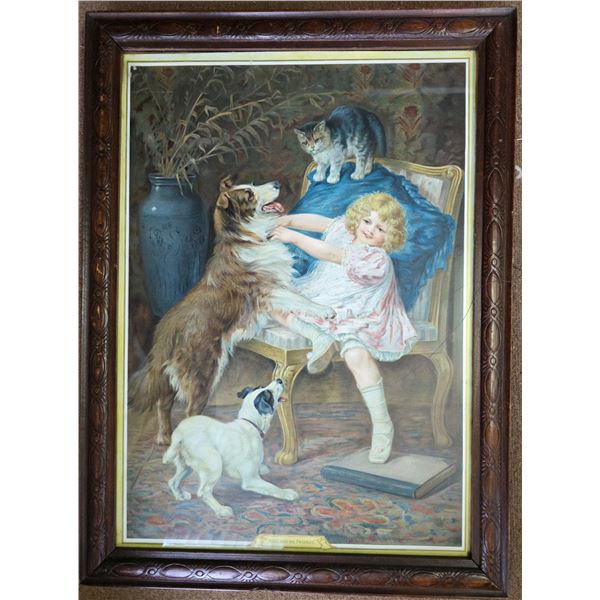 Framed Victorian Genre Print of Child with Dogs