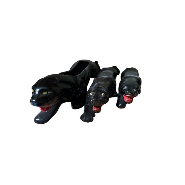 Set of 3 Black Panther Ceramic Figurines - Glossy Animal Figures