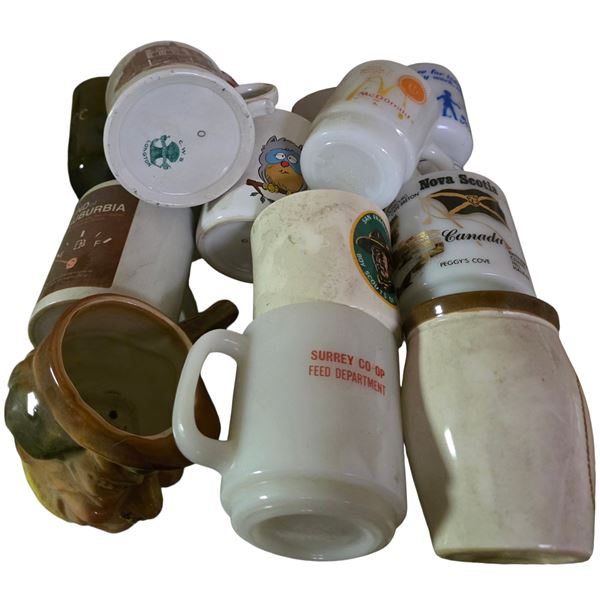 12 Assorted Coffee Mugs, Cups, and Milk Glass Mugs