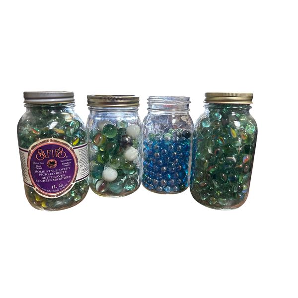 4 Jars of Glass Marbles - Various Sizes