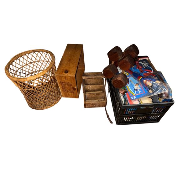 Group of Misc - Basket, Various Vintage Toys, Crate,  Etc.