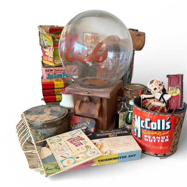 Group - Tobacco Tins, Popeye Spinach Tin, Nut Dispenser & Other Vintage Collectables