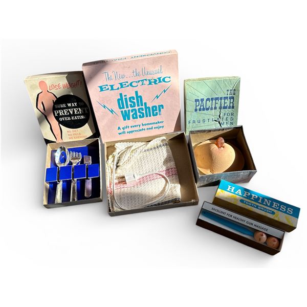 4 pc - Mid Century Gag Gifts - Pacifier for Frustrated Men, Happiness Tooth Brush, Electric Dish Was
