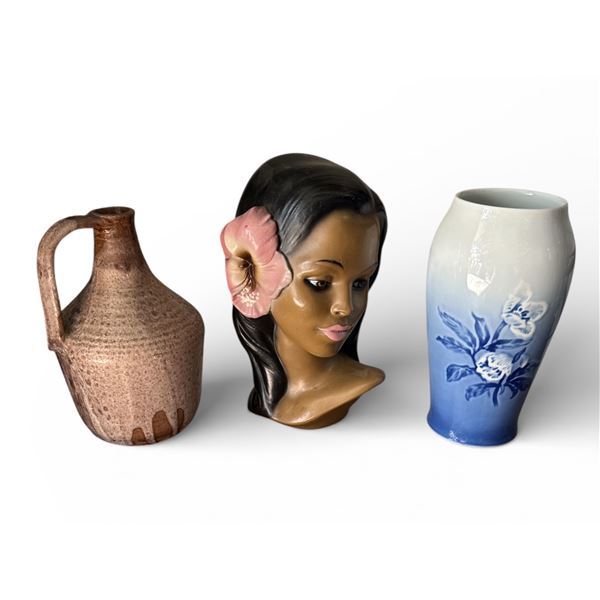 3 pc - Chalk Glass Hawaiian Girl Bust & 2 Vases