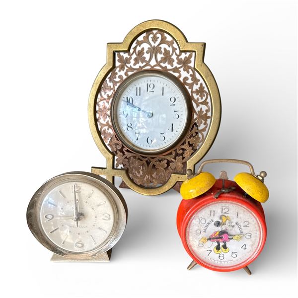 3 pc - Vintage Bradley Minnie Mouse Alarm Clock, Westclox Mid Century Alarm Clock & Desk Clock