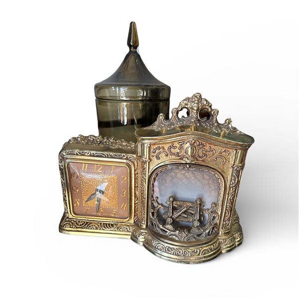 2 pc - Vintage Christmas Light Up electric Fireplace Clock & Glass Candle Lantern