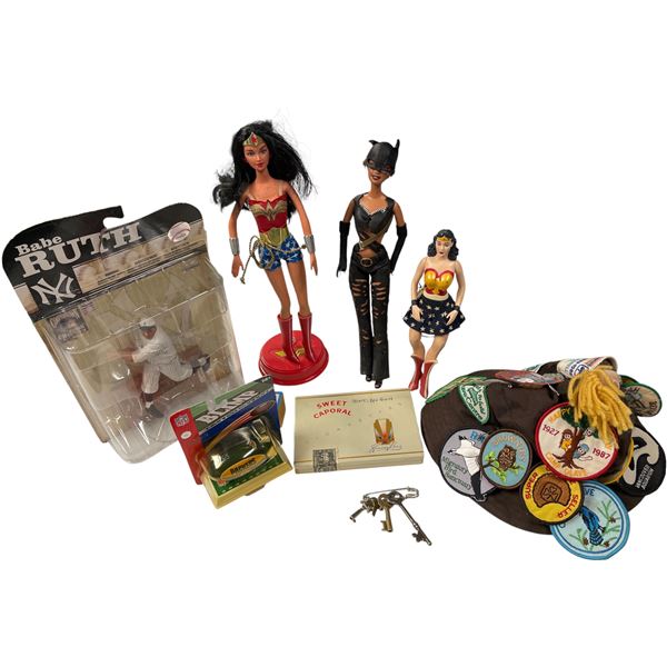 Vancouver - Assorted Pop Culture Collectibles: Babe Ruth Figure, Wonder Woman Figure, Camp Hat with