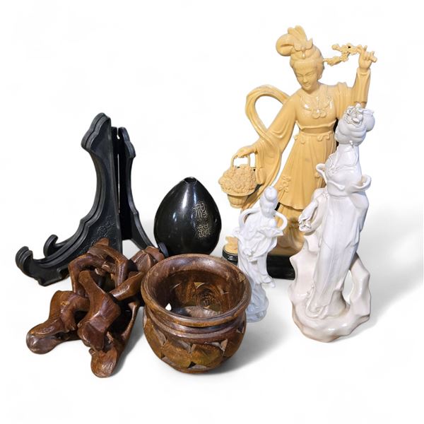 Vancouver - Group of Assorted Chinese Decoration Items, includes 3 assorted Figurines & Wooden Bowl