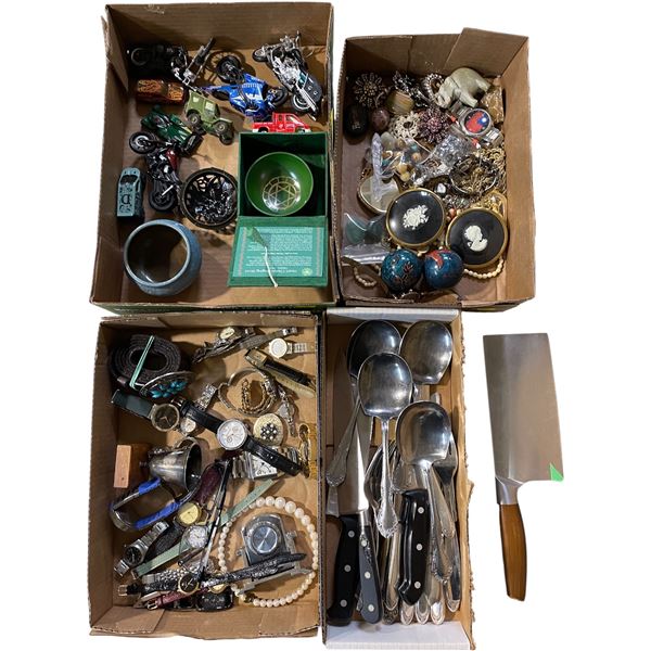 Vancouver - Group of 4 Trays full of Misc. Collectibles, Cutlery & Vintage Jewellery