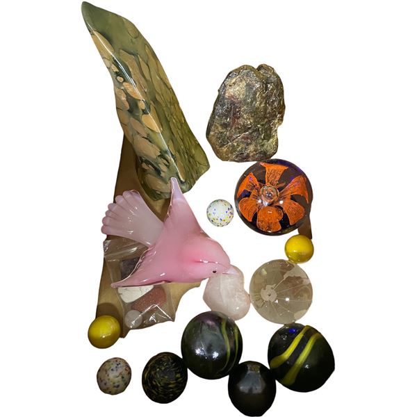 Vancouver - Box full of Vintage Glass & Stone Carved Figurines, includes Pink Bird & More