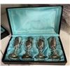 Image 3 : Vancouver - Vintage Set of Assorted Silver Plated E.P. Copper Mini-Goblets & Cheese Serving Cutlery 