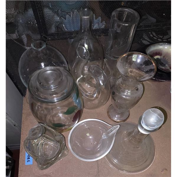 Misc. vintage and mid century decanter, vases, jar, and an ash tray