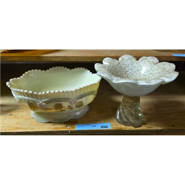 Heavy vinetian cased gold fleck pedestal bowl art glass. 1899 EAPG Northwood Chrysantheum Sprig Uran