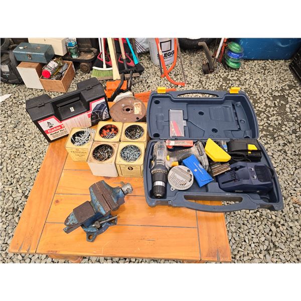 629 -- DRILL, VISE, TIRE CHAINS AND VARIOUS NAILS AND SCREWS