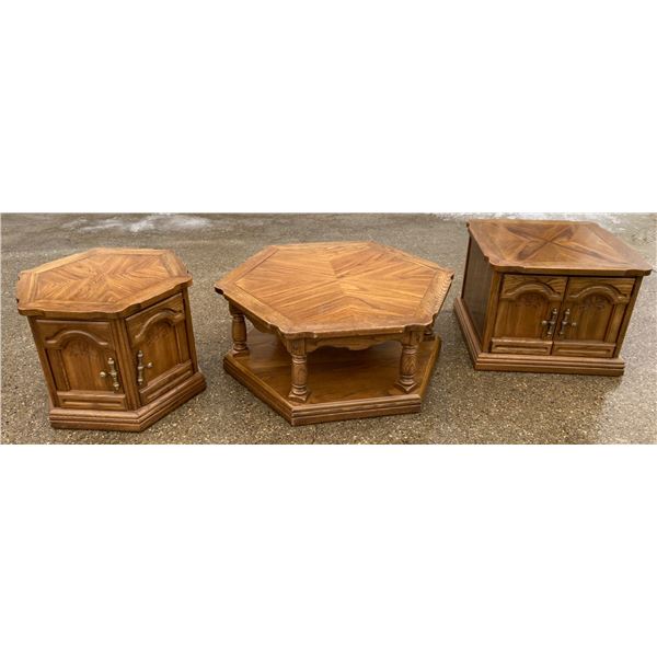 VINTAGE HEXAGONAL COFFEE TABLE AND TWO STORAGE END TABLES - MID-CENTURY MODERN