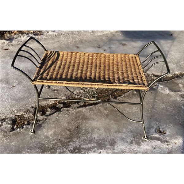 VINTAGE WROUGHT IRON AND WICKER BENCH