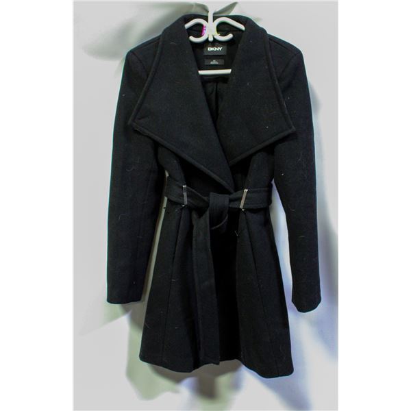 DKNY LADIES SZ M BLACK WAIST TIE FALL COAT (NEEDS-