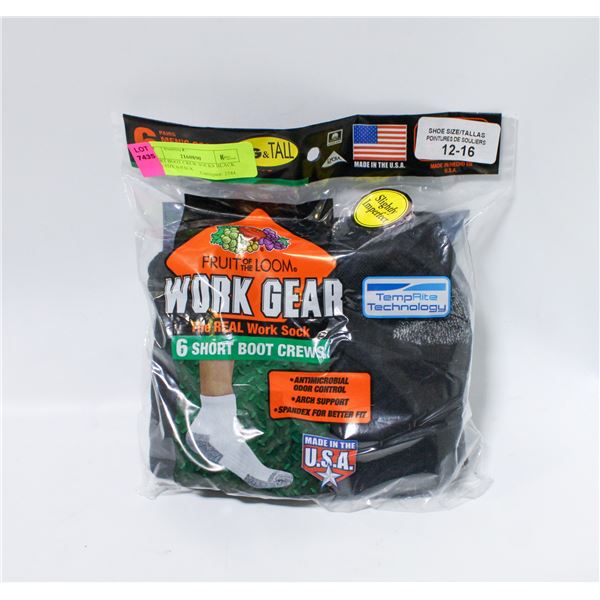 SHORT BOOT CREW SOCKS BLACK 12-16 SIZE 6-PACK