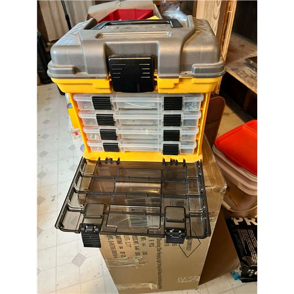 Storage container, 4 drawers and top opens, full of misc screws nails pins too much to mention