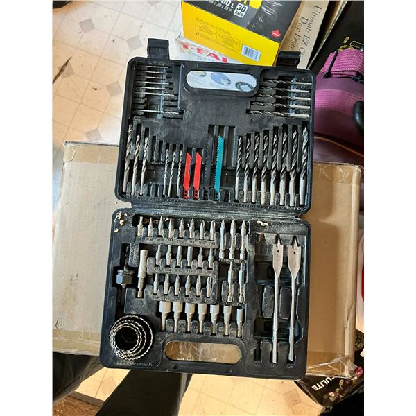 Comprehensive drill bit and accessory kit in plastic carrying case